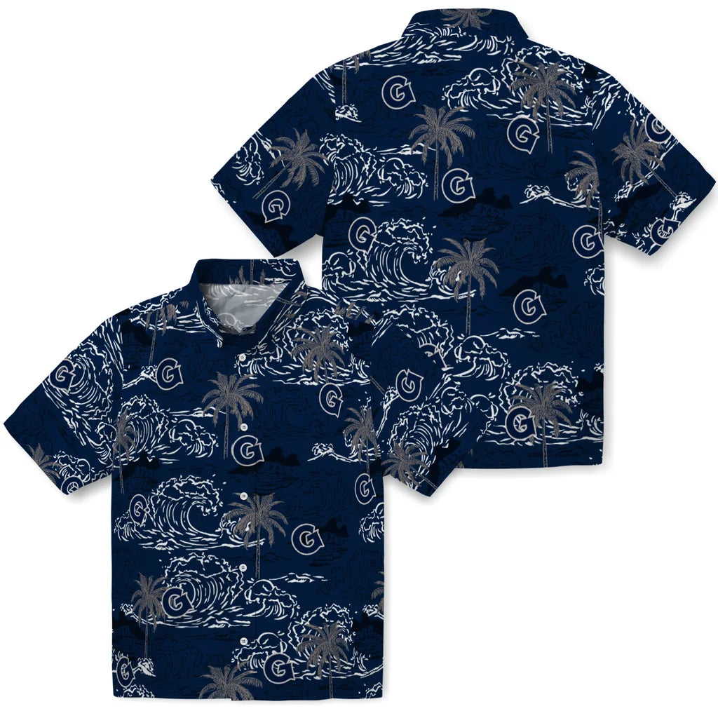 Georgetown Hoyas Hawaiian Shirt - Wave Palm | Hula Hawaiian Shirts