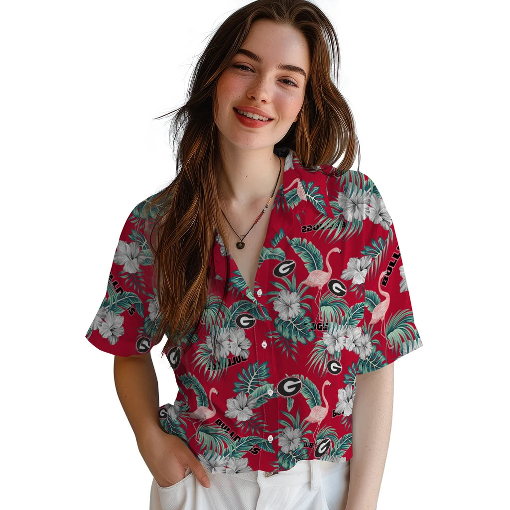 Georgia Bulldogs Hawaiian Shirt - Flamingo and Hibiscus | Hula Hawaiian Shirts