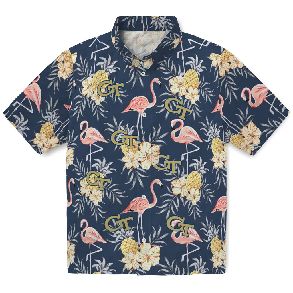 Georgia Tech Yellow Jackets Hawaiian Shirt - Flamingo Hibiscus | Hula Hawaiian Shirts