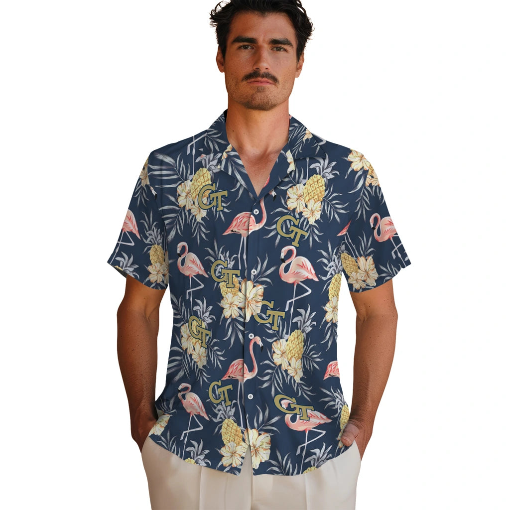 Georgia Tech Yellow Jackets Hawaiian Shirt - Flamingo Hibiscus | Hula Hawaiian Shirts