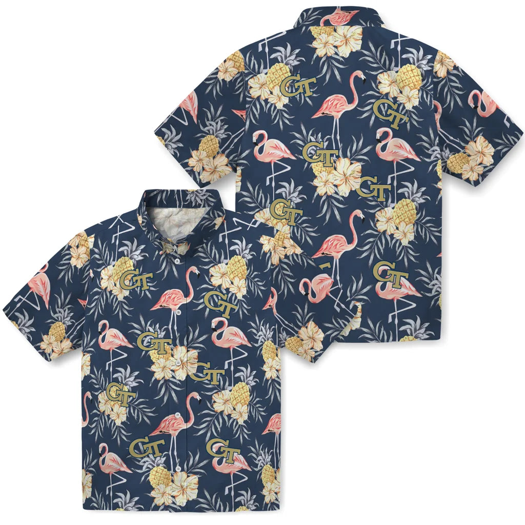 Georgia Tech Yellow Jackets Hawaiian Shirt - Flamingo Hibiscus | Hula Hawaiian Shirts