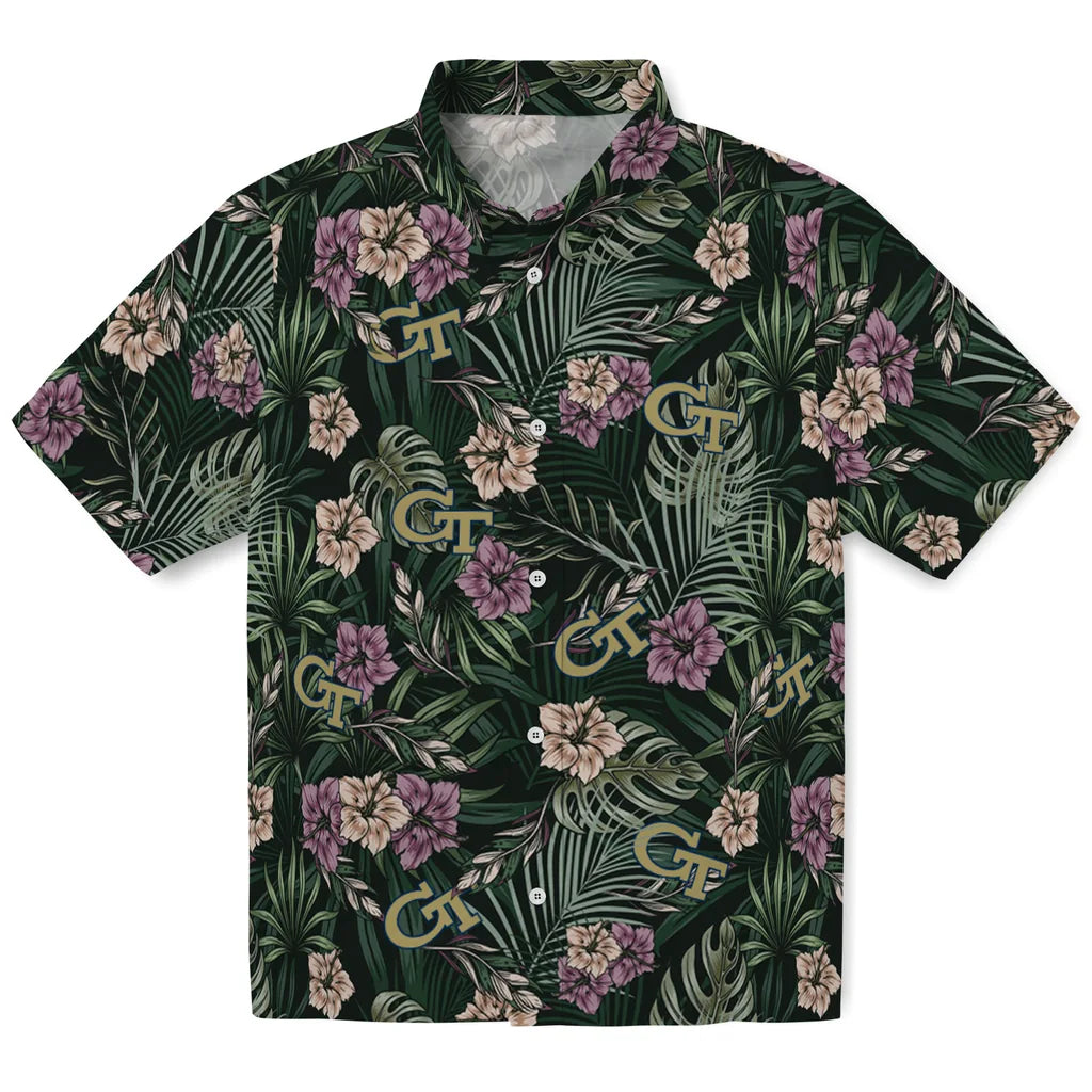 Georgia Tech Yellow Jackets Hawaiian Shirt - Hibiscus Leaves Pattern | Hula Hawaiian Shirts