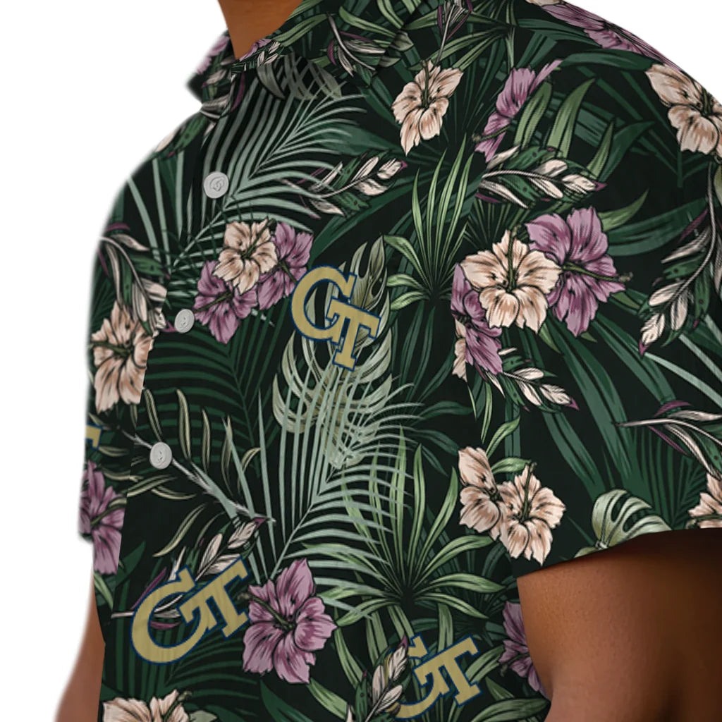 Georgia Tech Yellow Jackets Hawaiian Shirt - Hibiscus Leaves Pattern | Hula Hawaiian Shirts