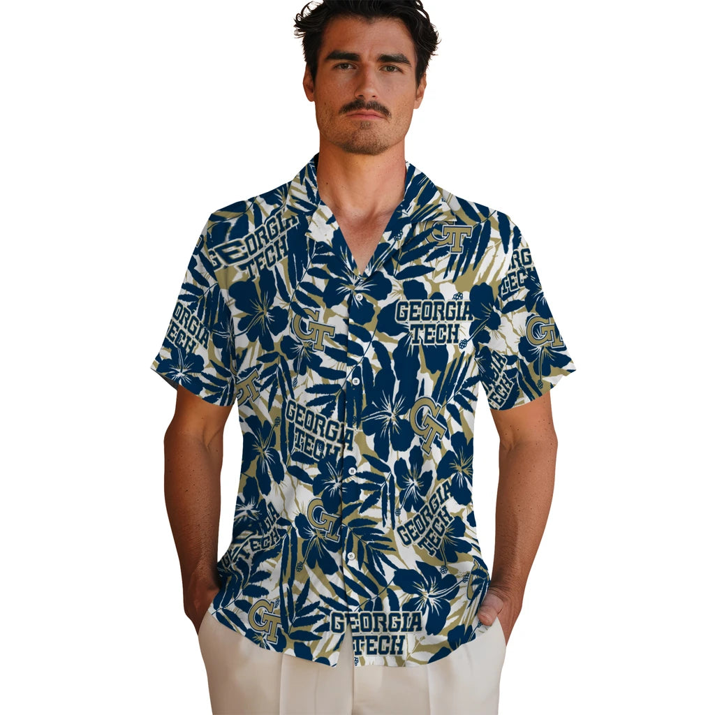 Georgia Tech Yellow Jackets Hawaiian Shirt - Hibiscus Overlay | Hula Hawaiian Shirts
