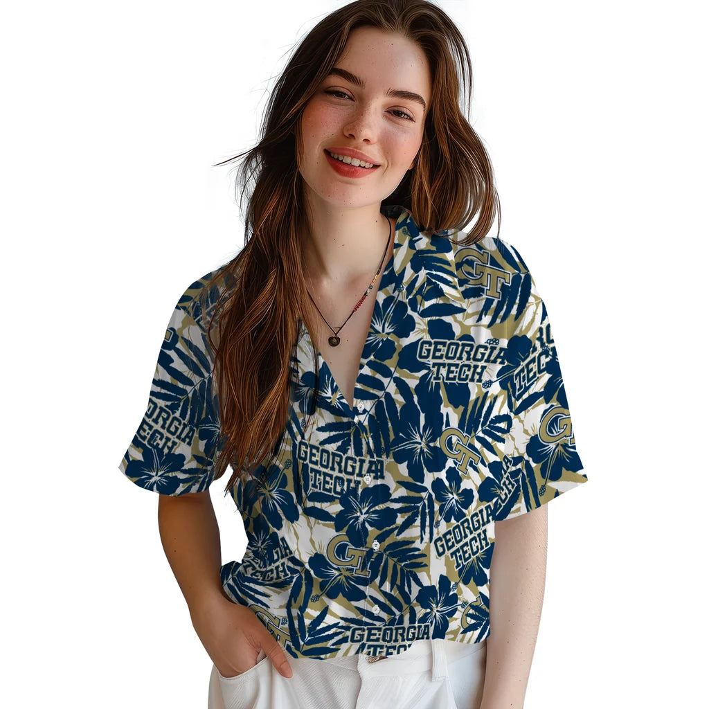 Georgia Tech Yellow Jackets Hawaiian Shirt - Hibiscus Overlay | Hula Hawaiian Shirts