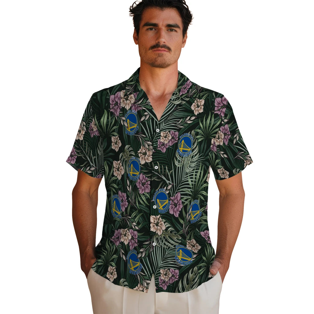 Golden State Warriors Hawaiian Shirt - Hibiscus Leaves Pattern | Hula Hawaiian Shirts