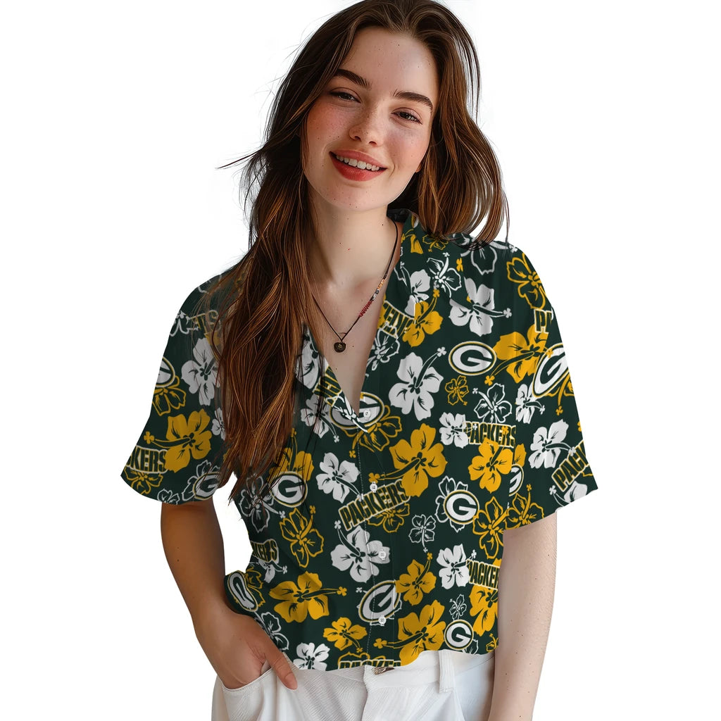 Green Bay Packers Hawaiian Shirt - Hibiscus Flower Design | Hula Hawaiian Shirts