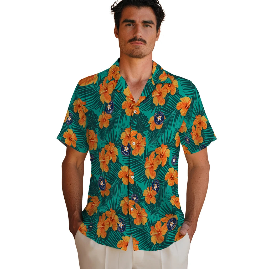 Houston Astros Hawaiian Shirt - Hibiscus and Palm Leaves | Hula Hawaiian Shirts