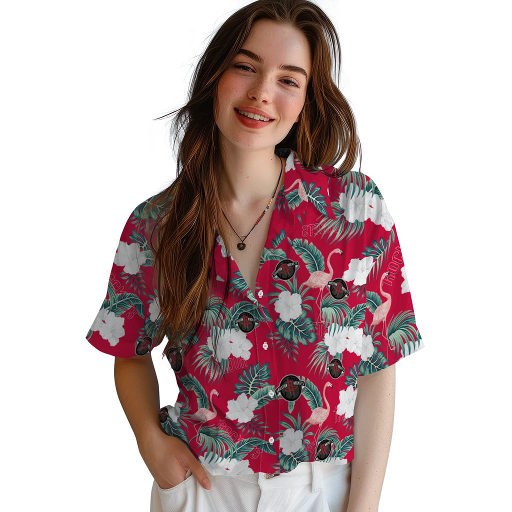Houston Rockets Hawaiian Shirt - Flamingo and Hibiscus | Hula Hawaiian Shirts