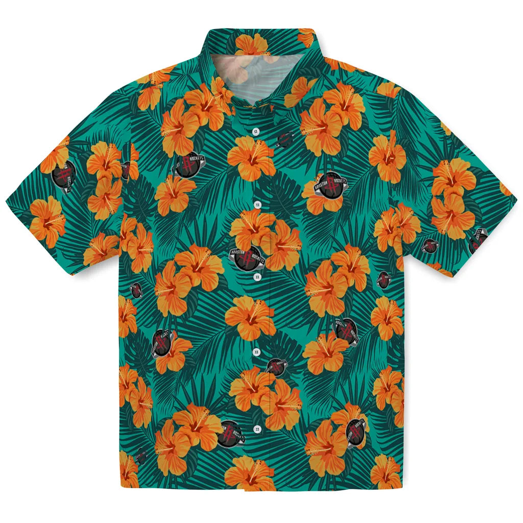 Houston Rockets Hawaiian Shirt - Hibiscus and Palm Leaves | Hula Hawaiian Shirts