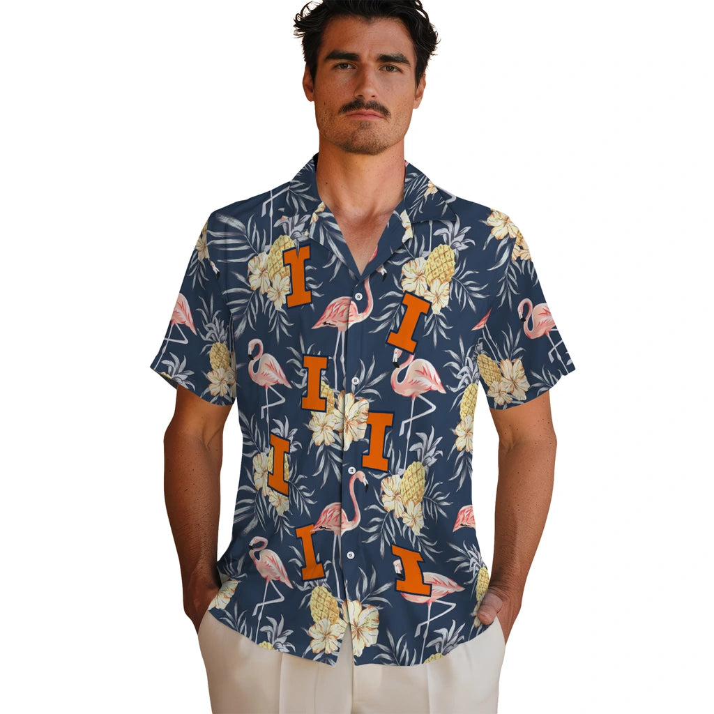 Illinois Fighting Illini Hawaiian Shirt - Flamingo Hibiscus | Hula Hawaiian Shirts