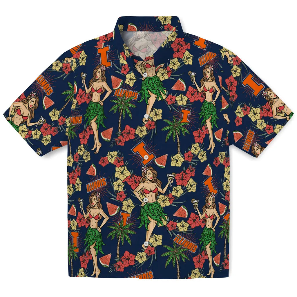 Illinois Fighting Illini Hawaiian Shirt - Hawaiian Girls Design | Hula Hawaiian Shirts