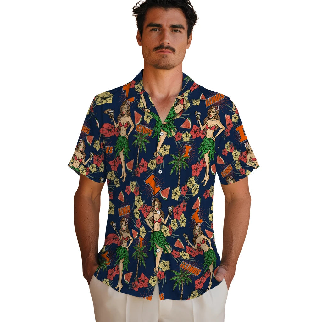 Illinois Fighting Illini Hawaiian Shirt - Hawaiian Girls Design | Hula Hawaiian Shirts