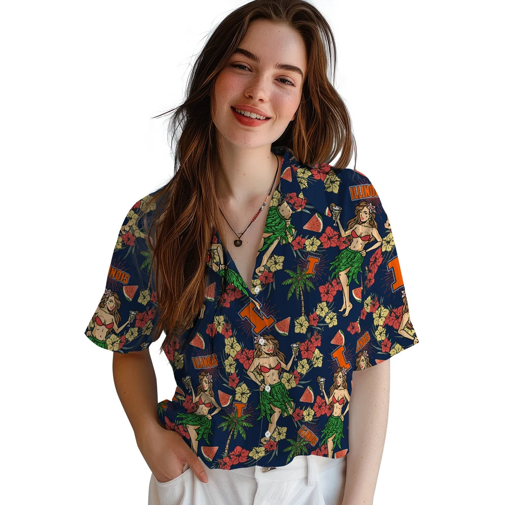 Illinois Fighting Illini Hawaiian Shirt - Hawaiian Girls Design | Hula Hawaiian Shirts