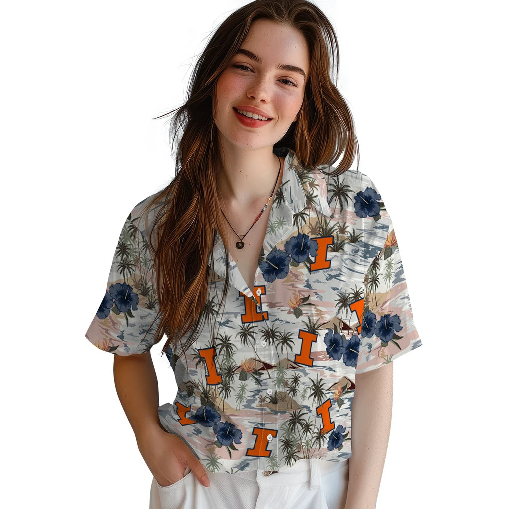 Illinois Fighting Illini Hawaiian Shirt - Hibiscus Seaside | Hula Hawaiian Shirts