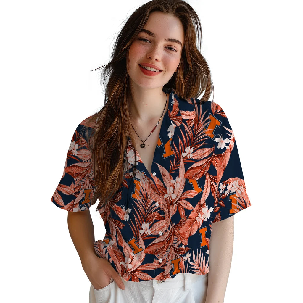 Illinois Fighting Illini Hawaiian Shirt - Palm Leaves | Hula Hawaiian Shirts