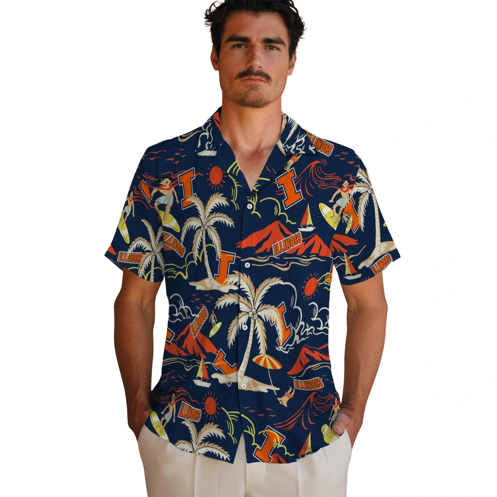 Illinois Fighting Illini Hawaiian Shirt - Palm Tree Island | Hula Hawaiian Shirts