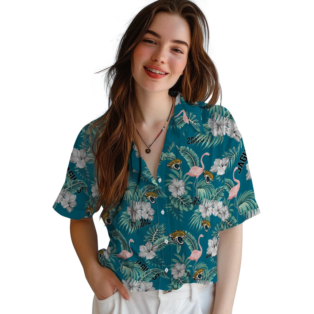 Jacksonville Jaguars Hawaiian Shirt - Flamingo and Hibiscus | Hula Hawaiian Shirts