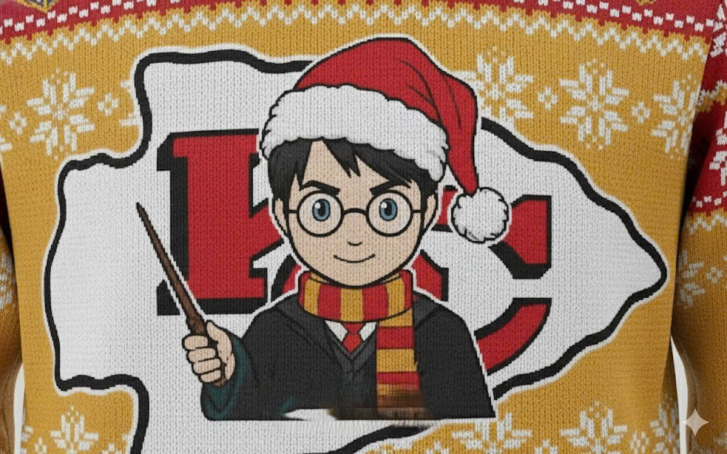 Kansas City Chiefs x Harry Potter Ugly Christmas Sweater – Red & Gold "Wizarding Football" Knit - LeagueLockerGear