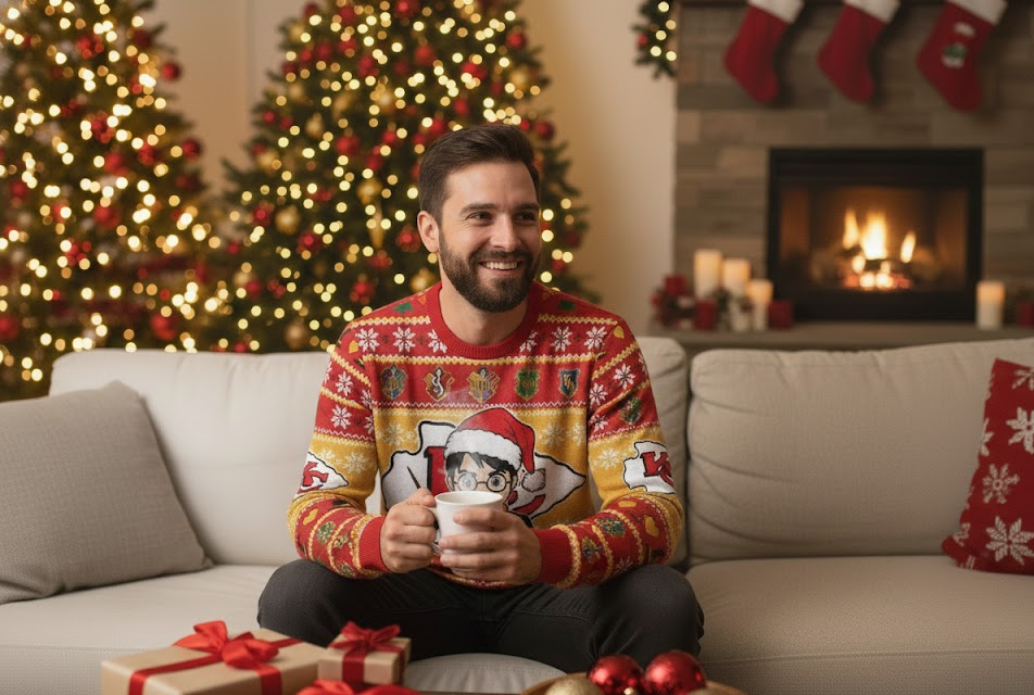 Kansas City Chiefs x Harry Potter Ugly Christmas Sweater – Red & Gold "Wizarding Football" Knit - LeagueLockerGear