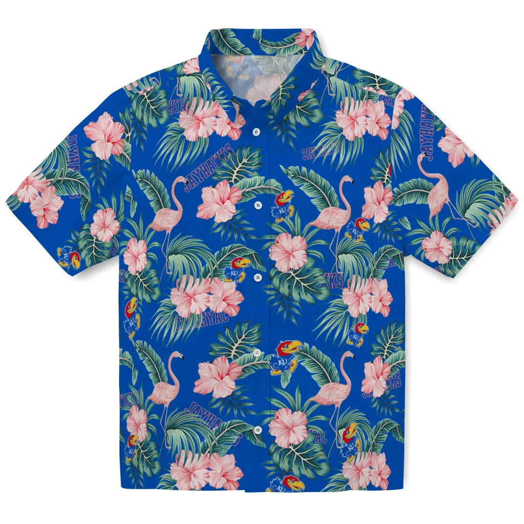 Kansas Jayhawks Hawaiian Shirt - Flamingo and Hibiscus | Hula Hawaiian Shirts