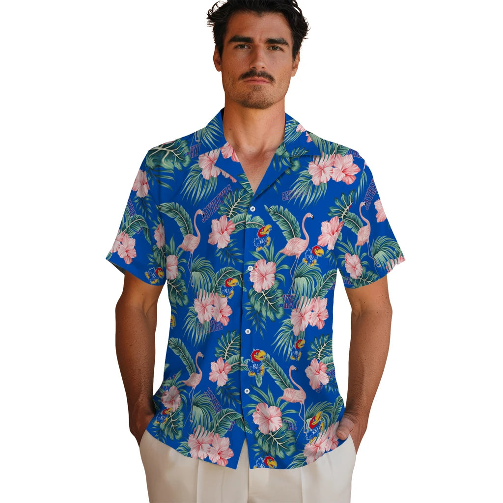 Kansas Jayhawks Hawaiian Shirt - Flamingo and Hibiscus | Hula Hawaiian Shirts
