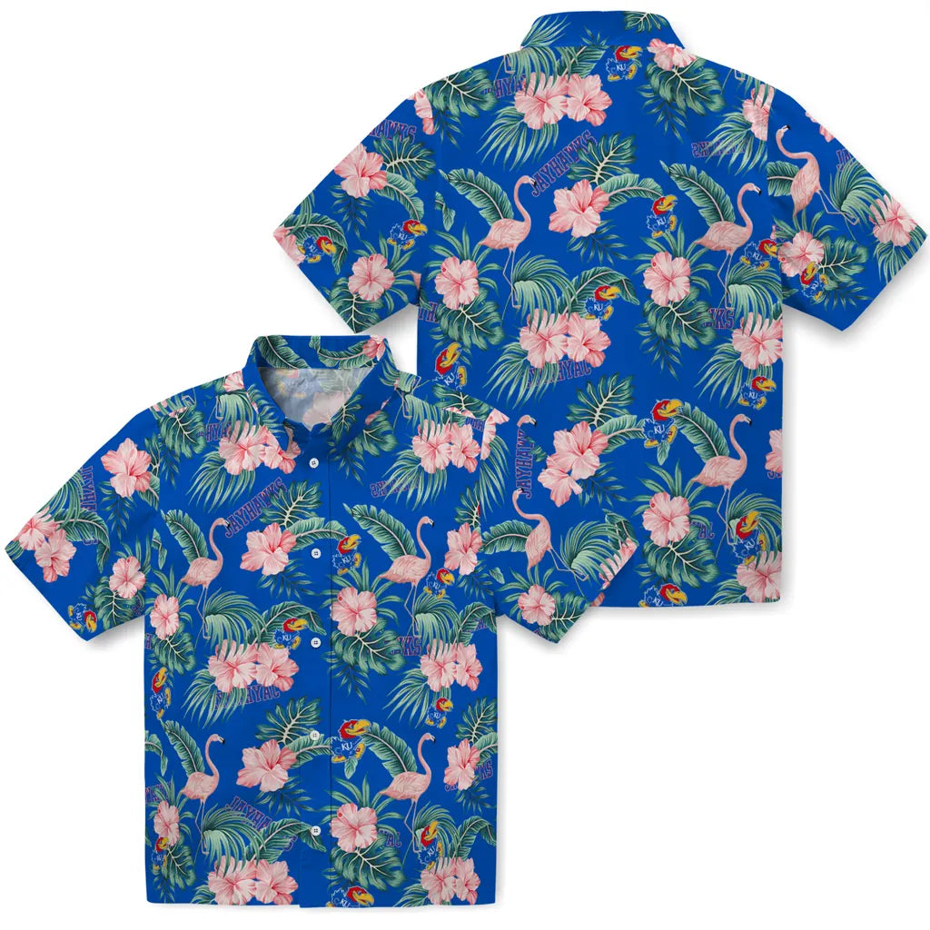 Kansas Jayhawks Hawaiian Shirt - Flamingo and Hibiscus | Hula Hawaiian Shirts
