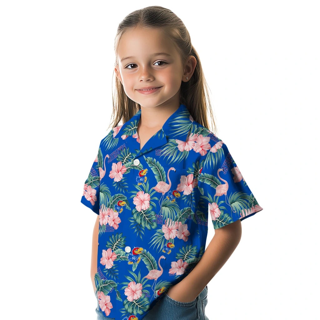 Kansas Jayhawks Hawaiian Shirt - Flamingo and Hibiscus | Hula Hawaiian Shirts