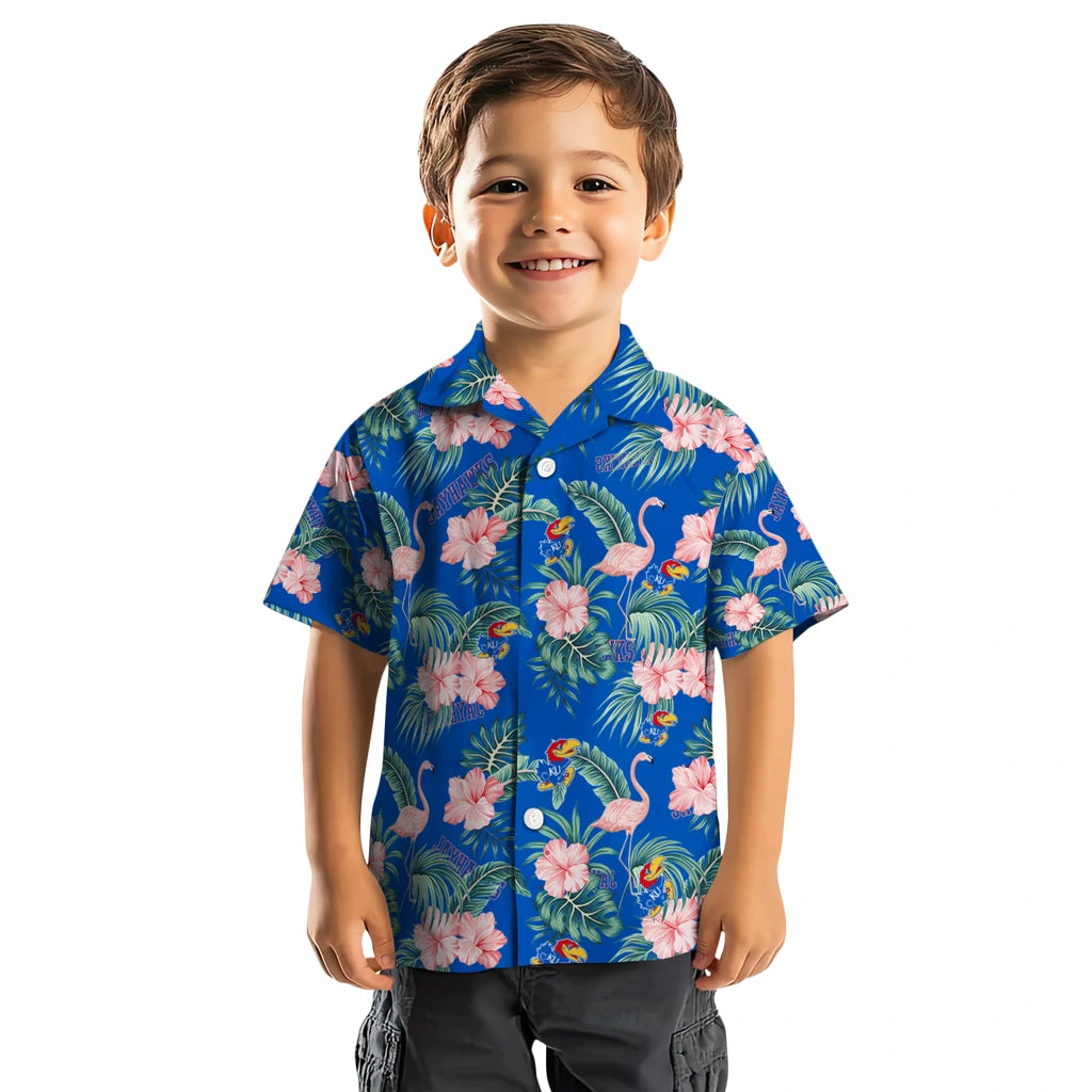 Kansas Jayhawks Hawaiian Shirt - Flamingo and Hibiscus | Hula Hawaiian Shirts