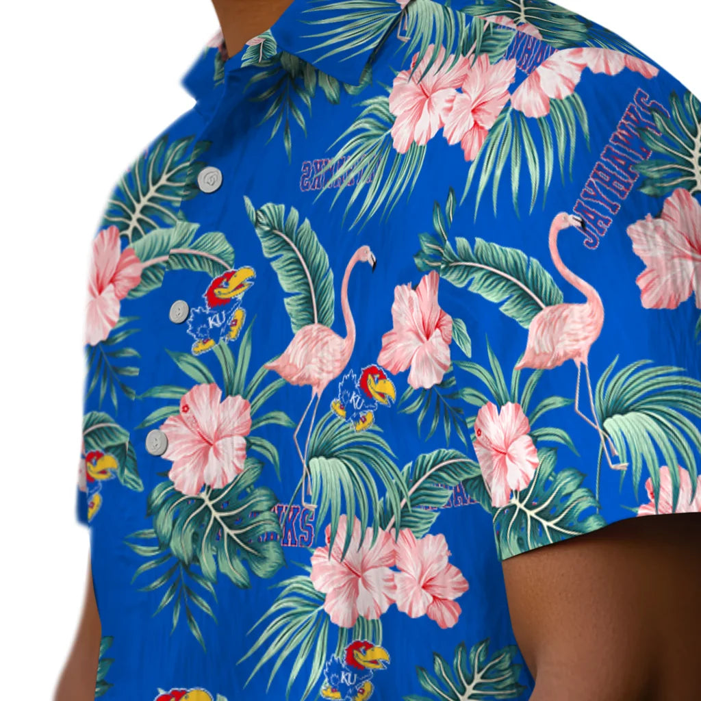 Kansas Jayhawks Hawaiian Shirt - Flamingo and Hibiscus | Hula Hawaiian Shirts