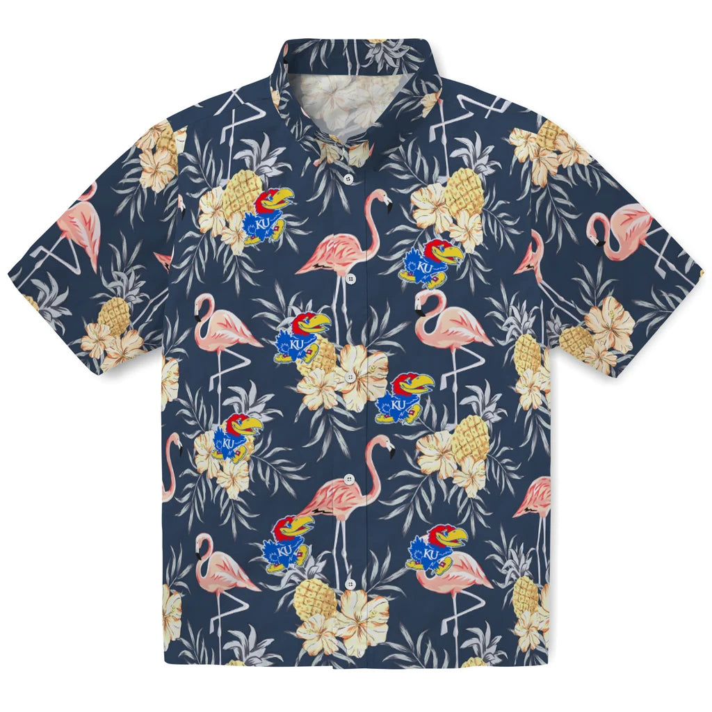 Kansas Jayhawks Hawaiian Shirt - Flamingo Hibiscus | Hula Hawaiian Shirts