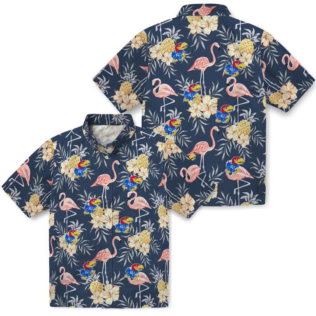 Kansas Jayhawks Hawaiian Shirt - Flamingo Hibiscus | Hula Hawaiian Shirts