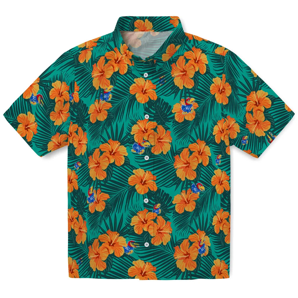 Kansas Jayhawks Hawaiian Shirt - Hibiscus and Palm Leaves | Hula Hawaiian Shirts