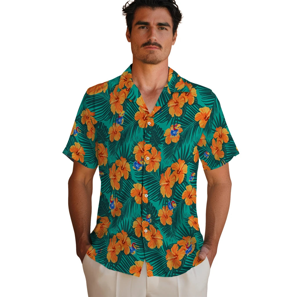 Kansas Jayhawks Hawaiian Shirt - Hibiscus and Palm Leaves | Hula Hawaiian Shirts
