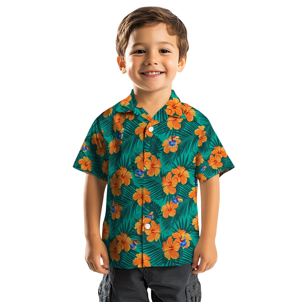 Kansas Jayhawks Hawaiian Shirt - Hibiscus and Palm Leaves | Hula Hawaiian Shirts