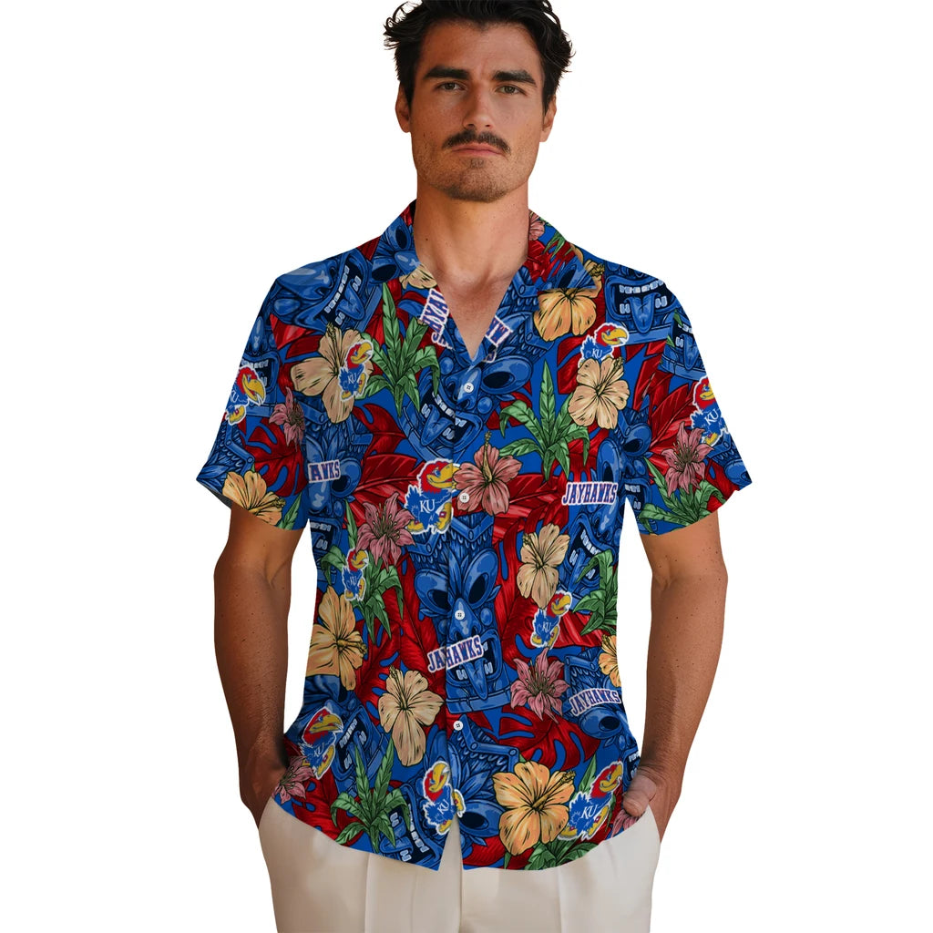 Kansas Jayhawks Hawaiian Shirt - Hibiscus Tiki Jungle | Hula Hawaiian Shirts