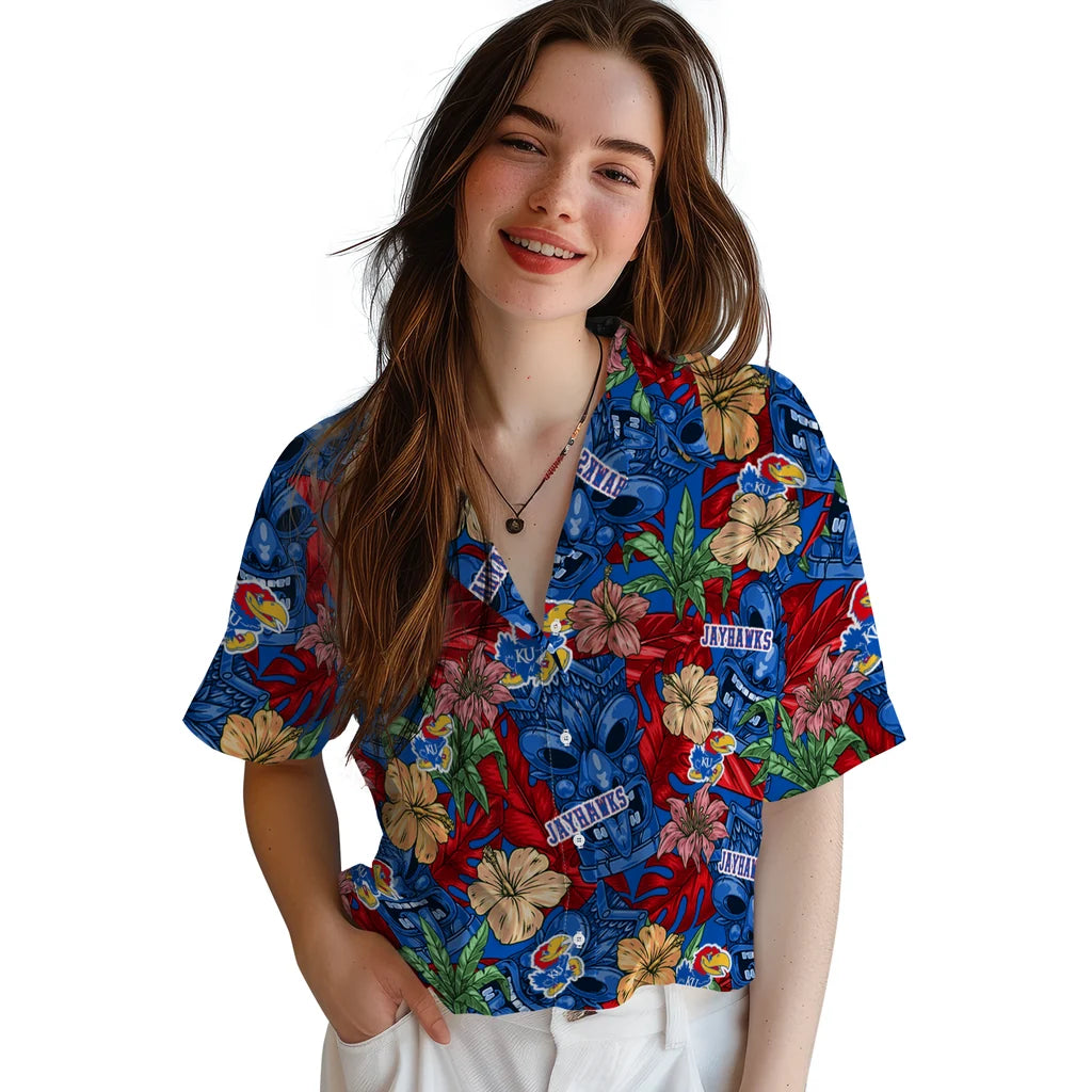 Kansas Jayhawks Hawaiian Shirt - Hibiscus Tiki Jungle | Hula Hawaiian Shirts