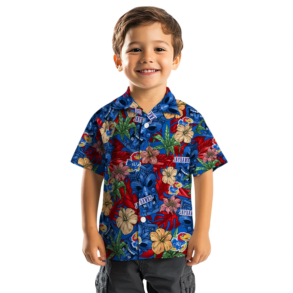 Kansas Jayhawks Hawaiian Shirt - Hibiscus Tiki Jungle | Hula Hawaiian Shirts