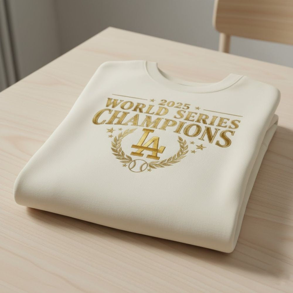 Los Angeles Dodgers 2025 World Series Champions Sweatshirt – Gold Print Crewneck Pullover - LeagueLockerGear
