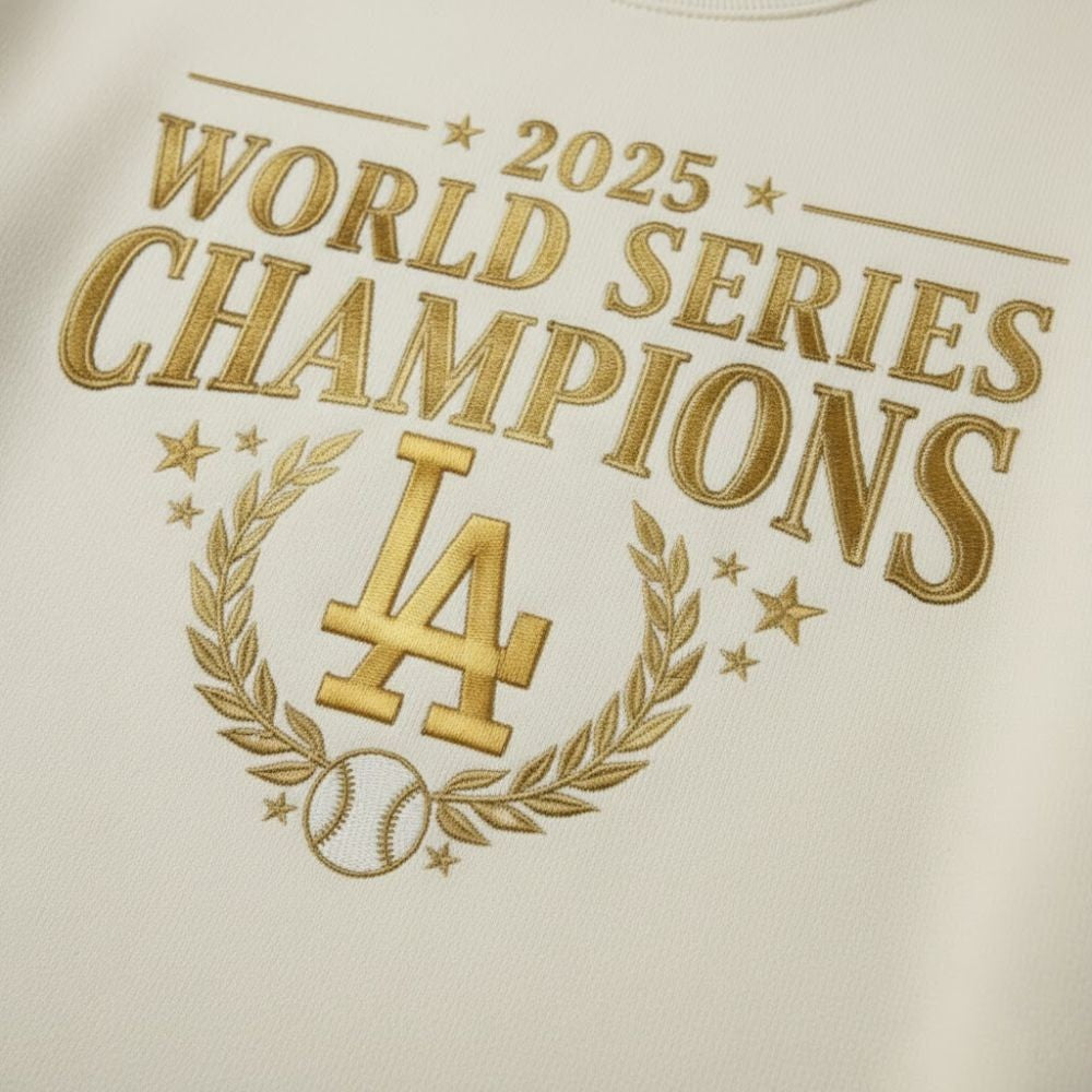 Los Angeles Dodgers 2025 World Series Champions Sweatshirt – Gold Print Crewneck Pullover - LeagueLockerGear