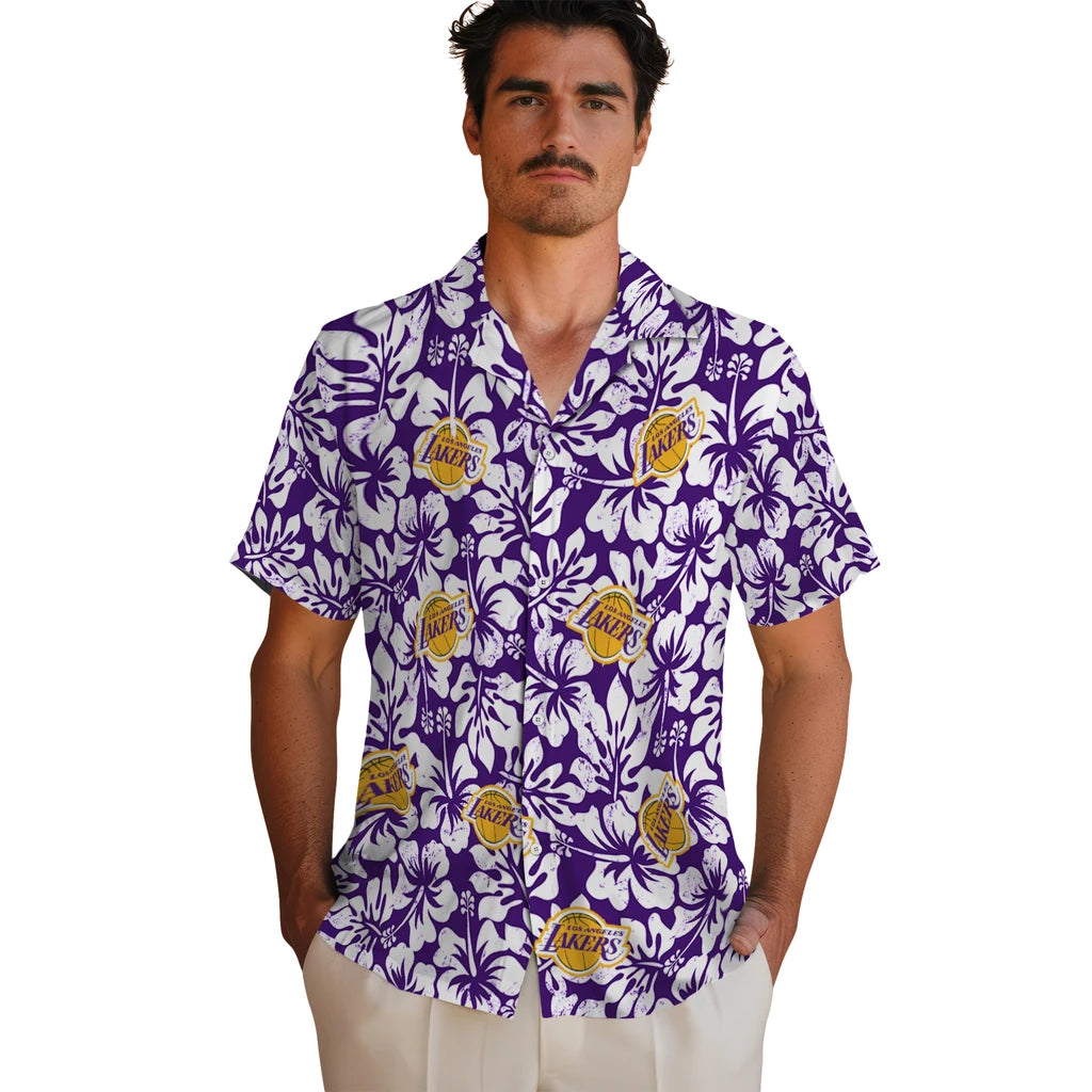 Los Angeles Lakers Hawaiian Shirt - Hibiscus Motif | Hula Hawaiian Shirts
