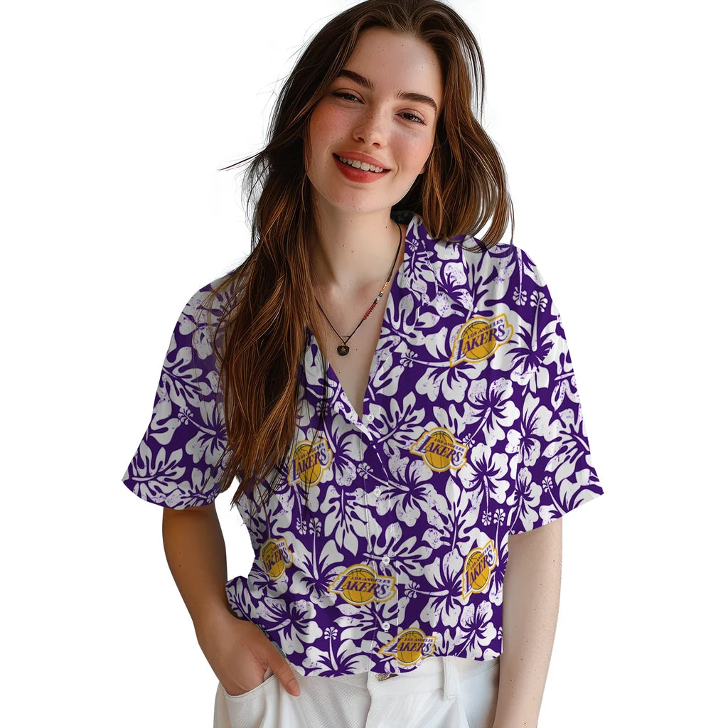 Los Angeles Lakers Hawaiian Shirt - Hibiscus Motif | Hula Hawaiian Shirts