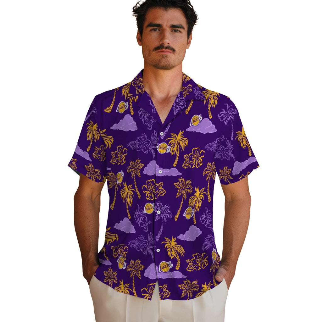 Los Angeles Lakers Hawaiian Shirt - Palm And Clouds | Hula Hawaiian Shirts