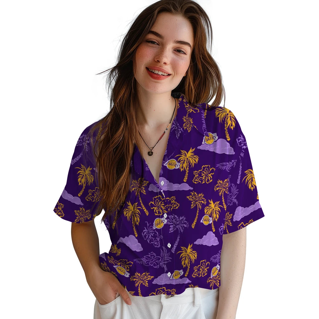 Los Angeles Lakers Hawaiian Shirt - Palm And Clouds | Hula Hawaiian Shirts