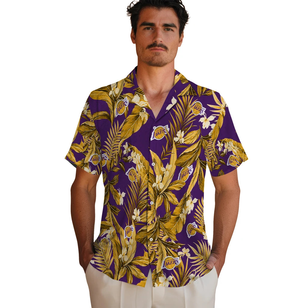 Los Angeles Lakers Hawaiian Shirt - Palm Leaves | Hula Hawaiian Shirts