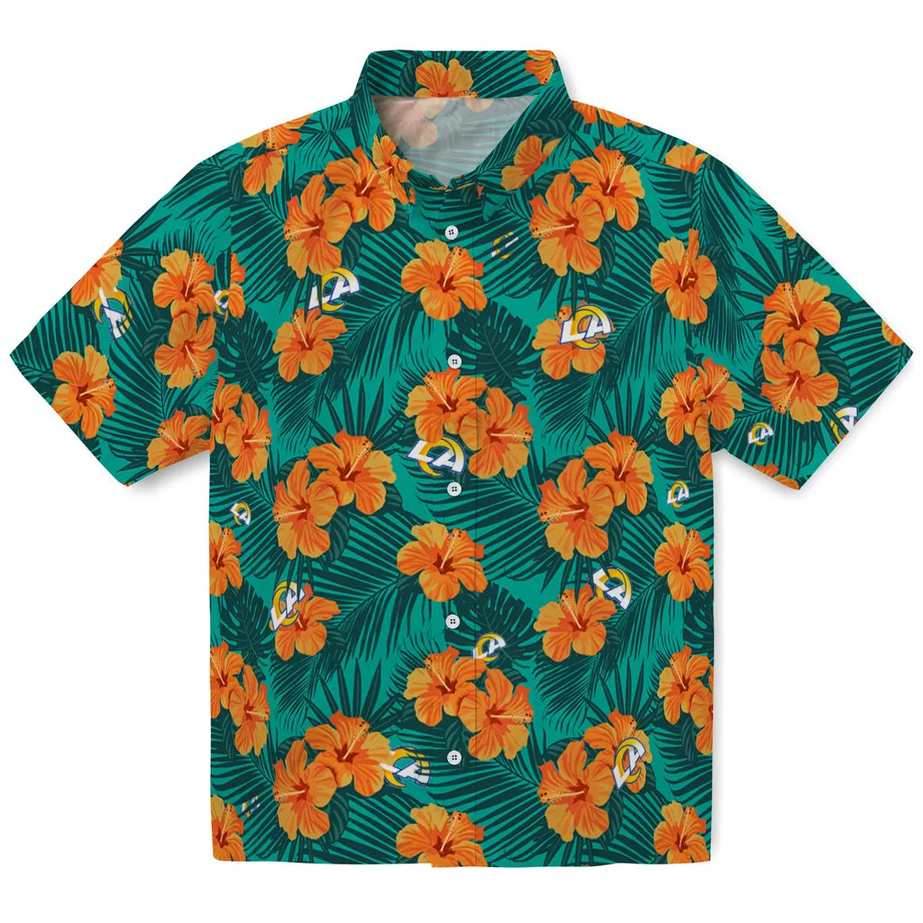 Los Angeles Rams Hawaiian Shirt - Hibiscus and Palm Leaves | Hula Hawaiian Shirts