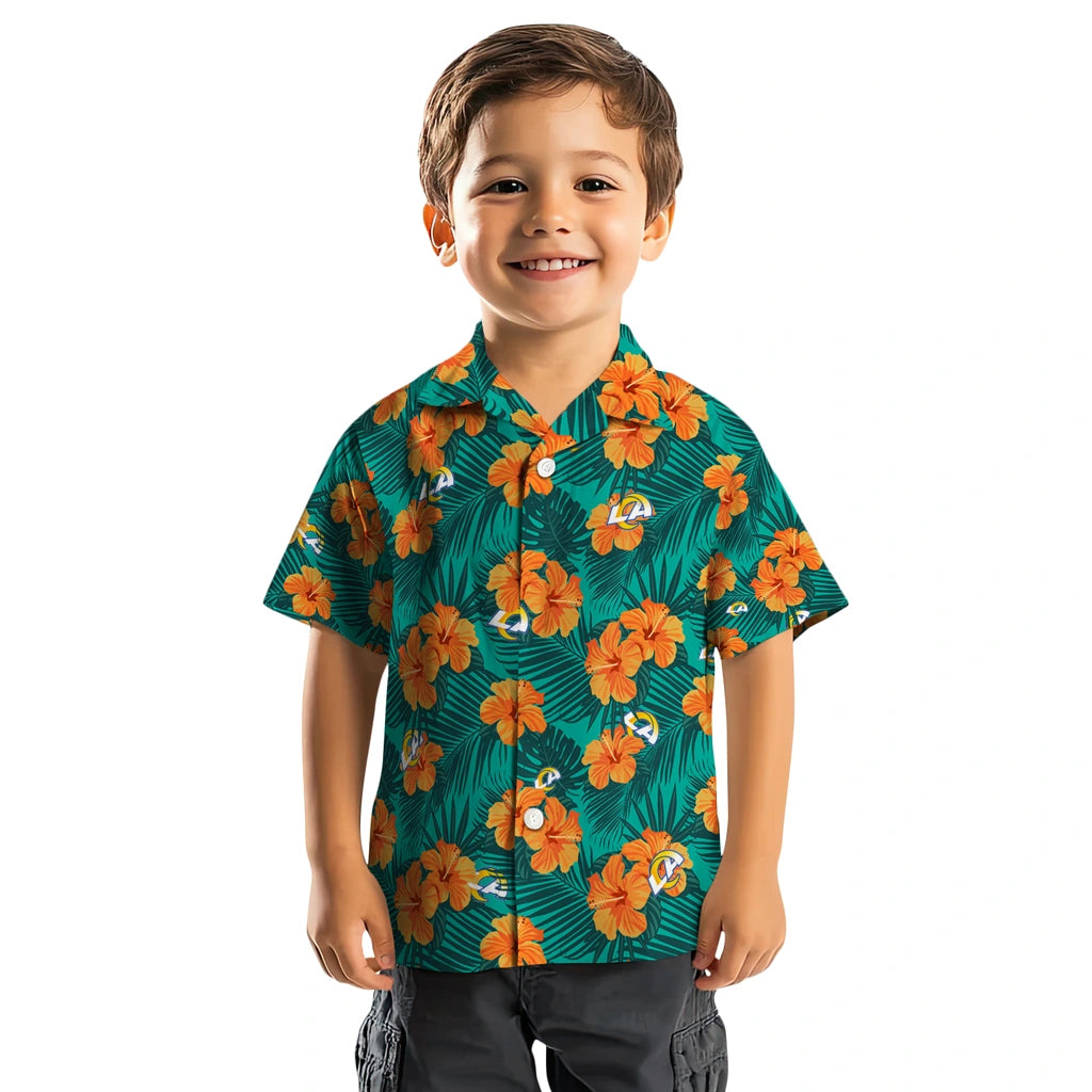 Los Angeles Rams Hawaiian Shirt - Hibiscus and Palm Leaves | Hula Hawaiian Shirts