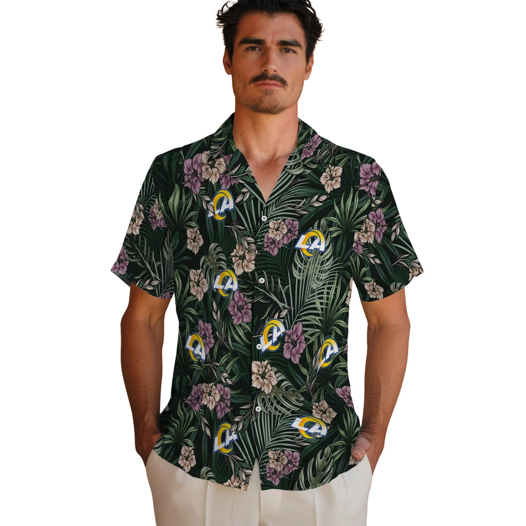 Los Angeles Rams Hawaiian Shirt - Hibiscus Leaves Pattern | Hula Hawaiian Shirts