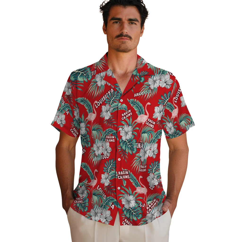Louisiana Ragin' Cajuns Hawaiian Shirt - Flamingo and Hibiscus | Hula Hawaiian Shirts