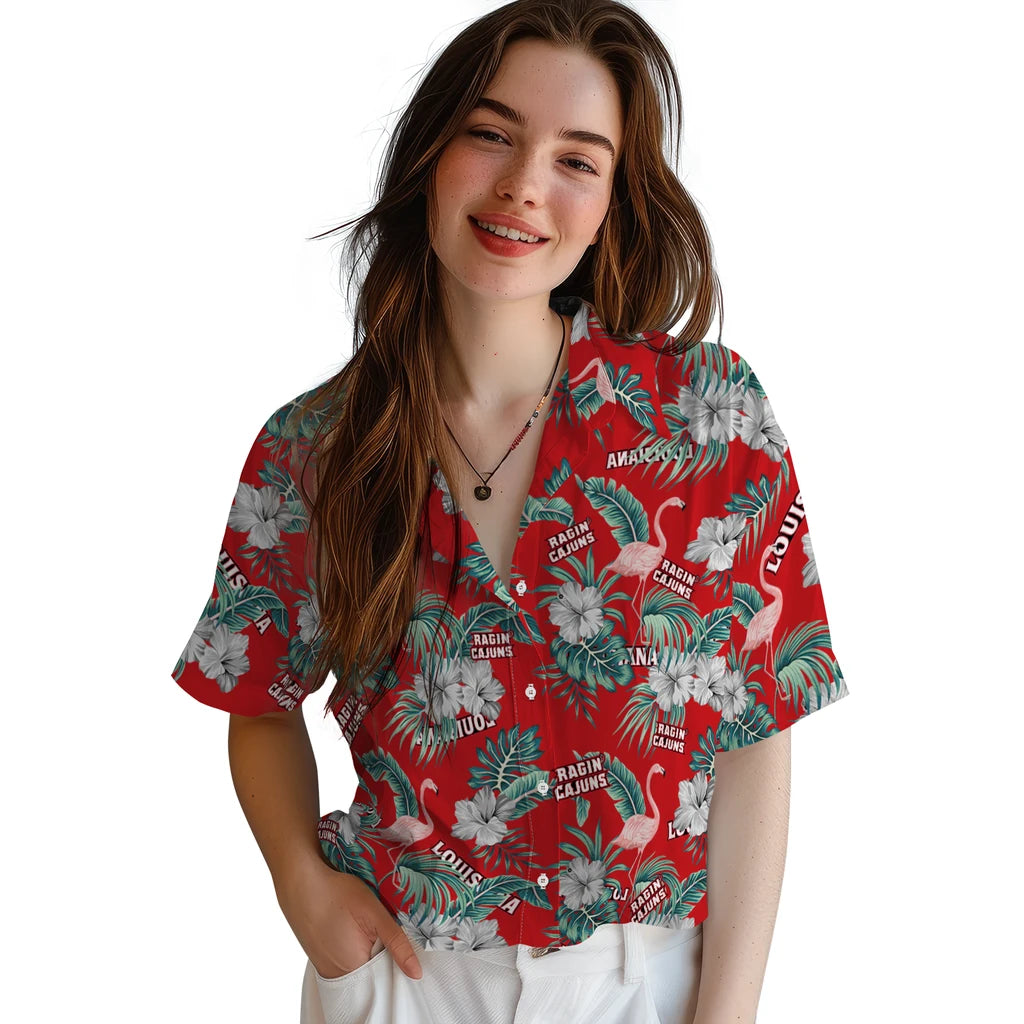 Louisiana Ragin' Cajuns Hawaiian Shirt - Flamingo and Hibiscus | Hula Hawaiian Shirts